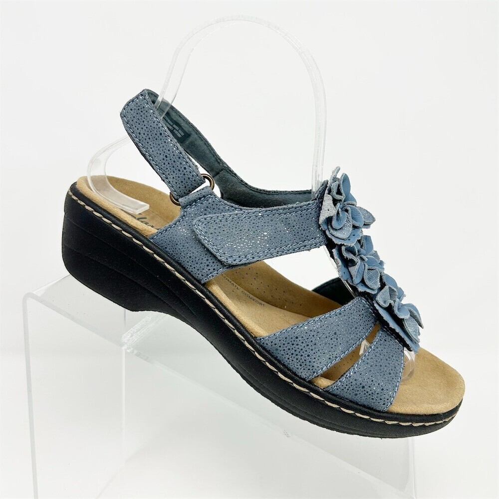 Clarks Merliah Sheryl Slingback Wedge Sandals Blue Floral Comfort Size 6.5 W